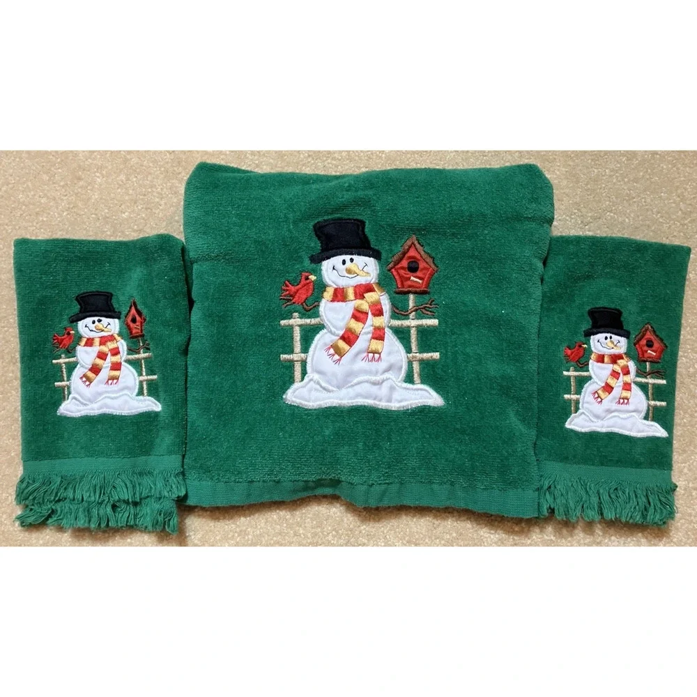 Vintage Cecil Saydah Bath and Hand Towel Set of 3 Green Christmas Snowman